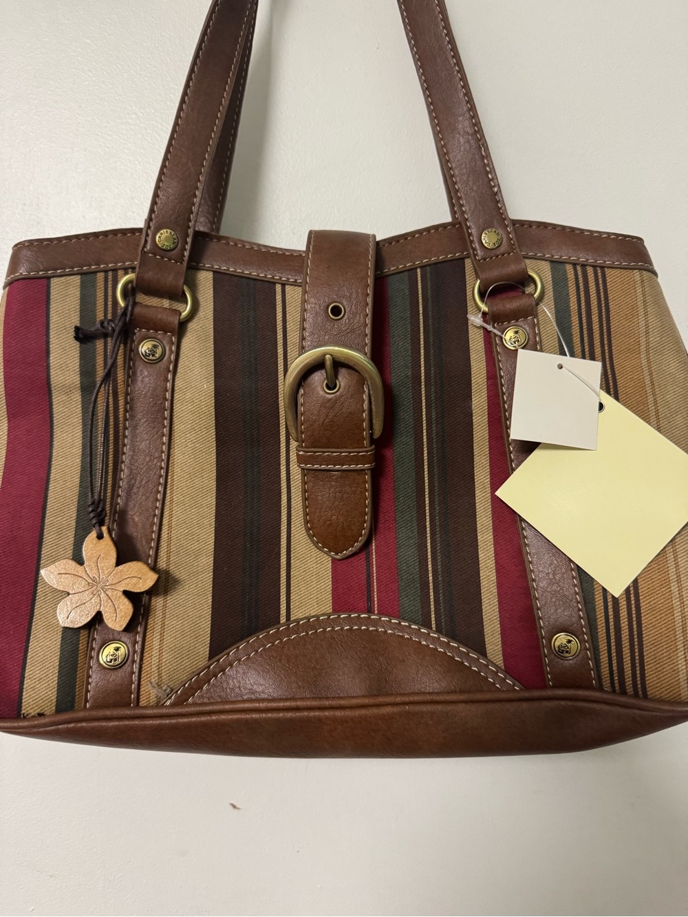 Caribbean Joe Multicolor Striped Canvas Tote with Brown Trim